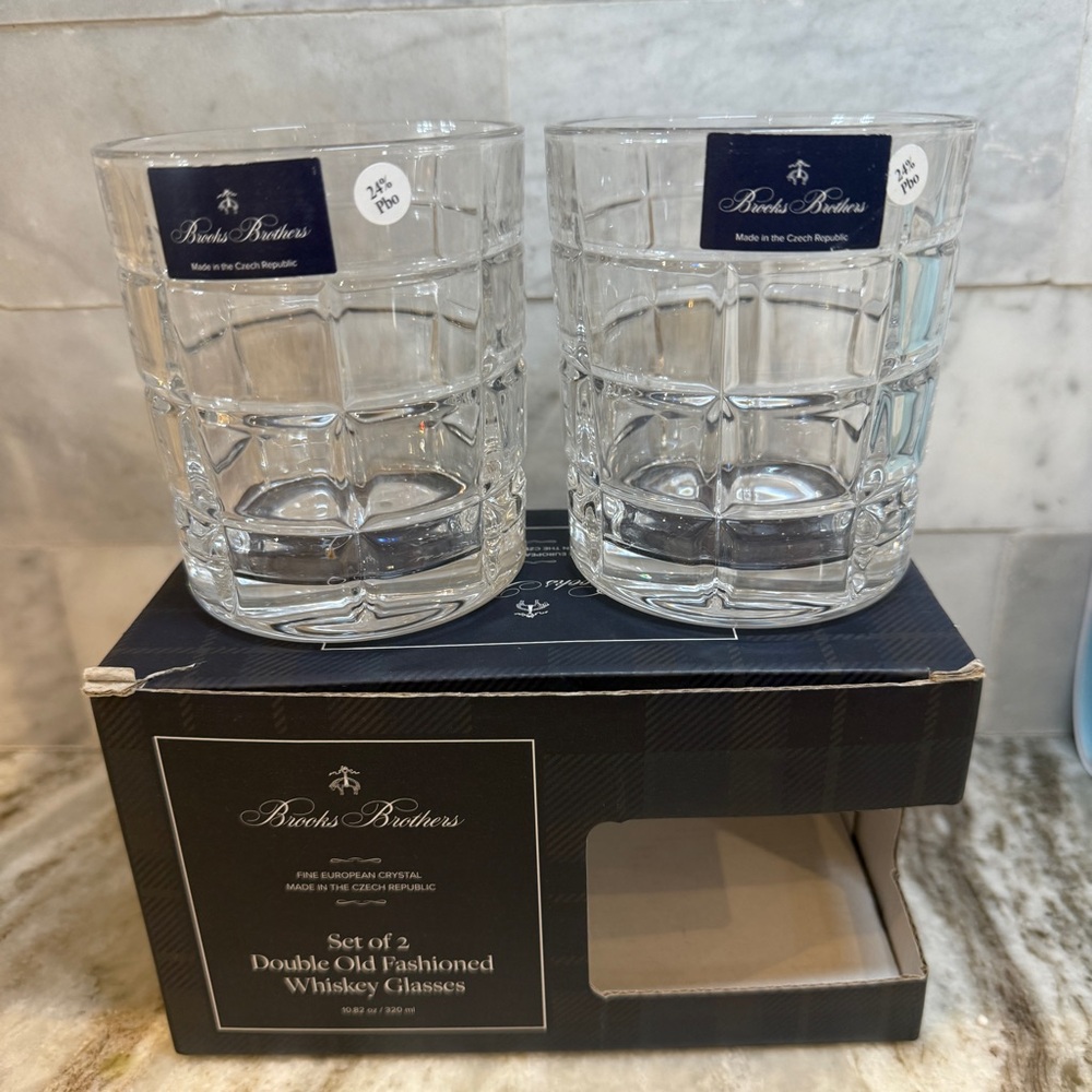 2 Brooks Brothers Tartan Plaid Crystal Double Old Fashioned Whiskey Glass Set 2